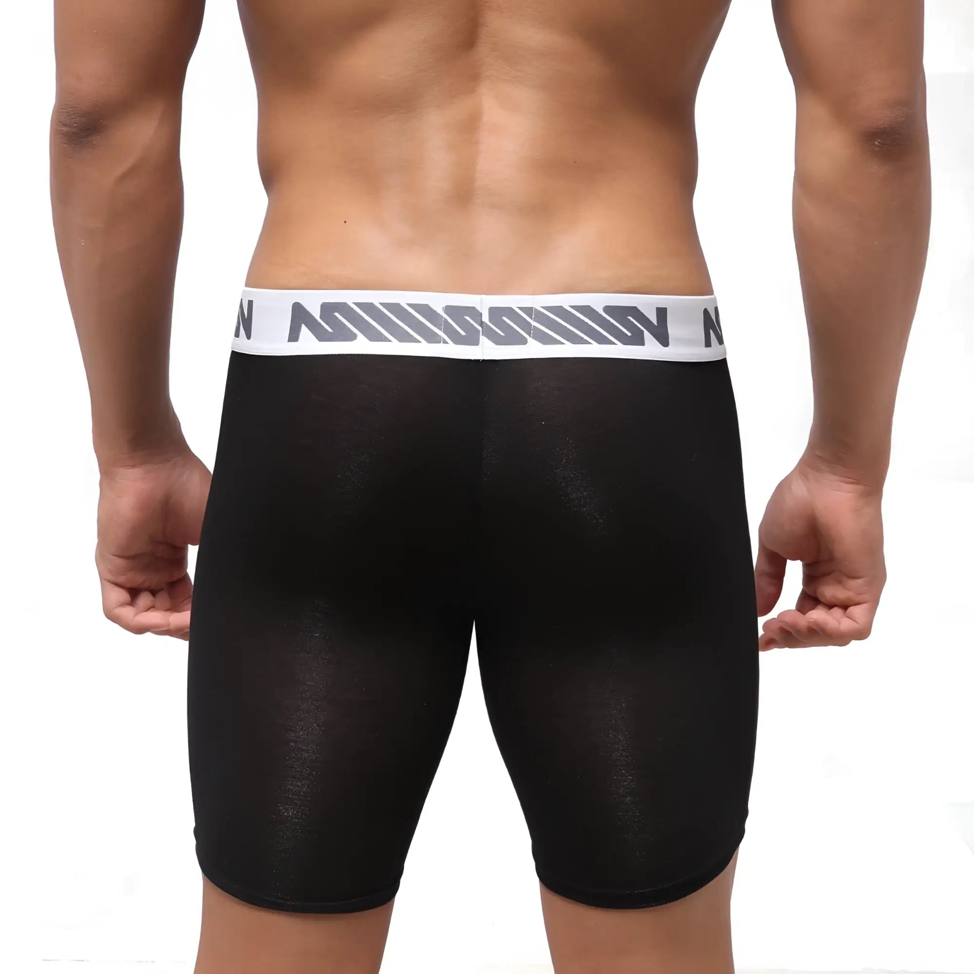 Black sheer athletic briefs with white gray striped waistband and bold nin branding metroMalewear bosillo bold long boxer