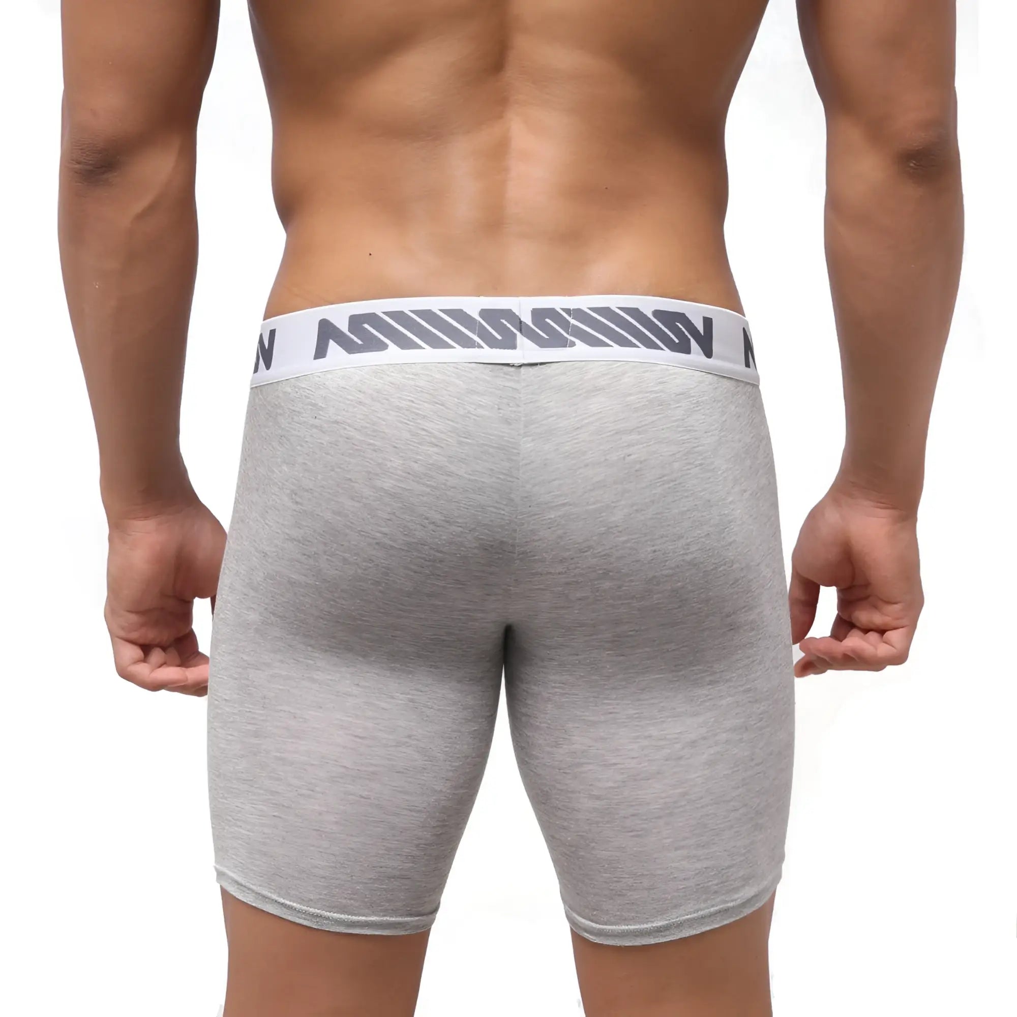 Gray heathered MetroMaleWear Bosillo Bold long men’s boxer briefs with white waistband and black logo pattern