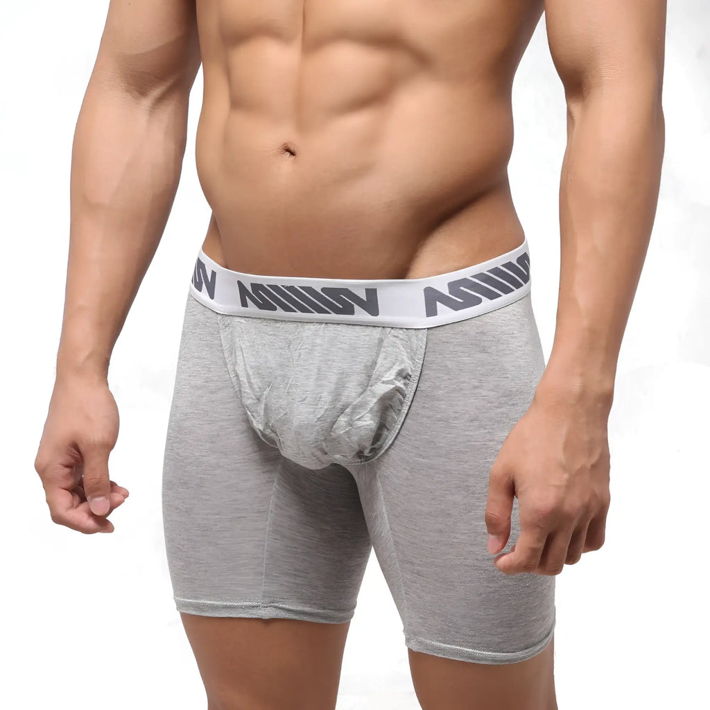 Gray heathered boxer briefs with white elastic waistband featuring repeating dark gray million logo by metromalewear