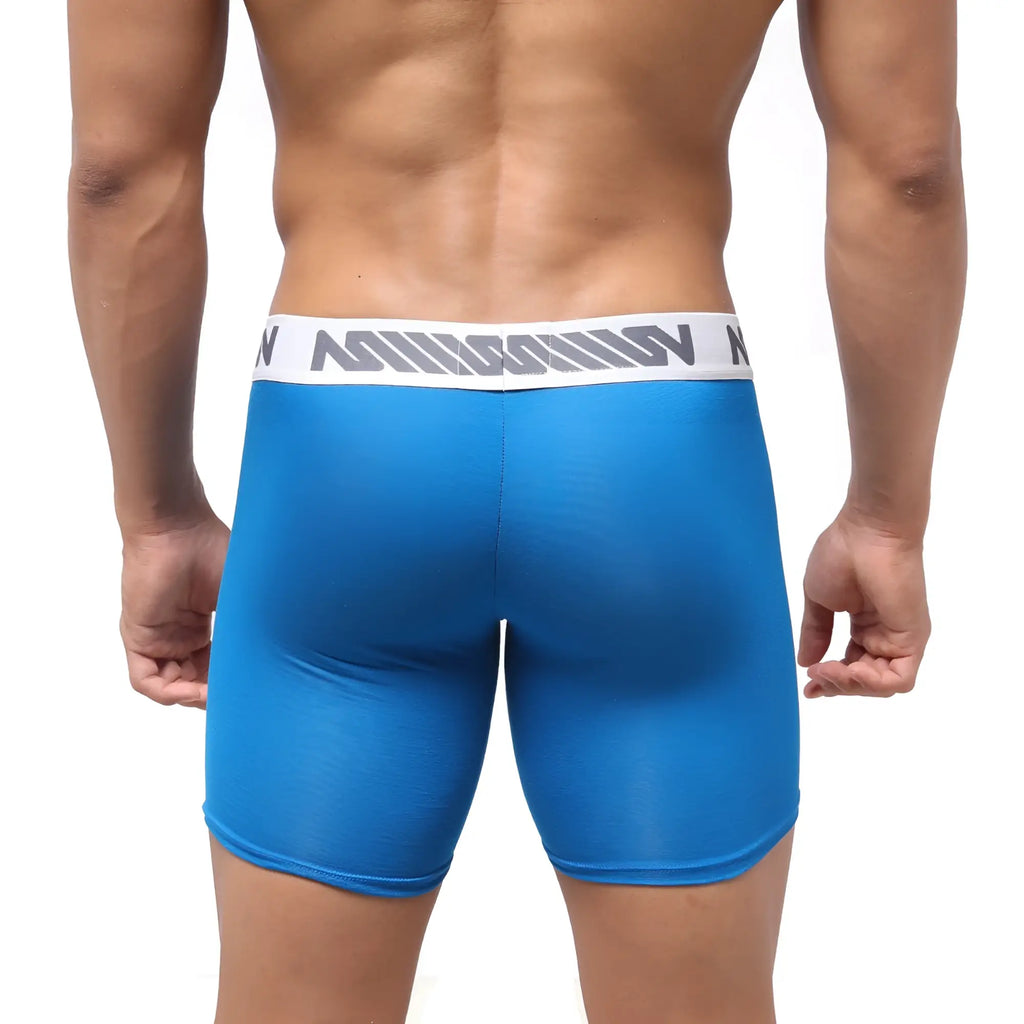 MetroMalewear bosillo bold long boxer royal blue men’s boxer briefs with white elastic waistband and million branding