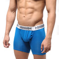 Blue MetroMaleWear Bosillo Bold long men’s boxer briefs with white elastic waistband and gray asian lettering