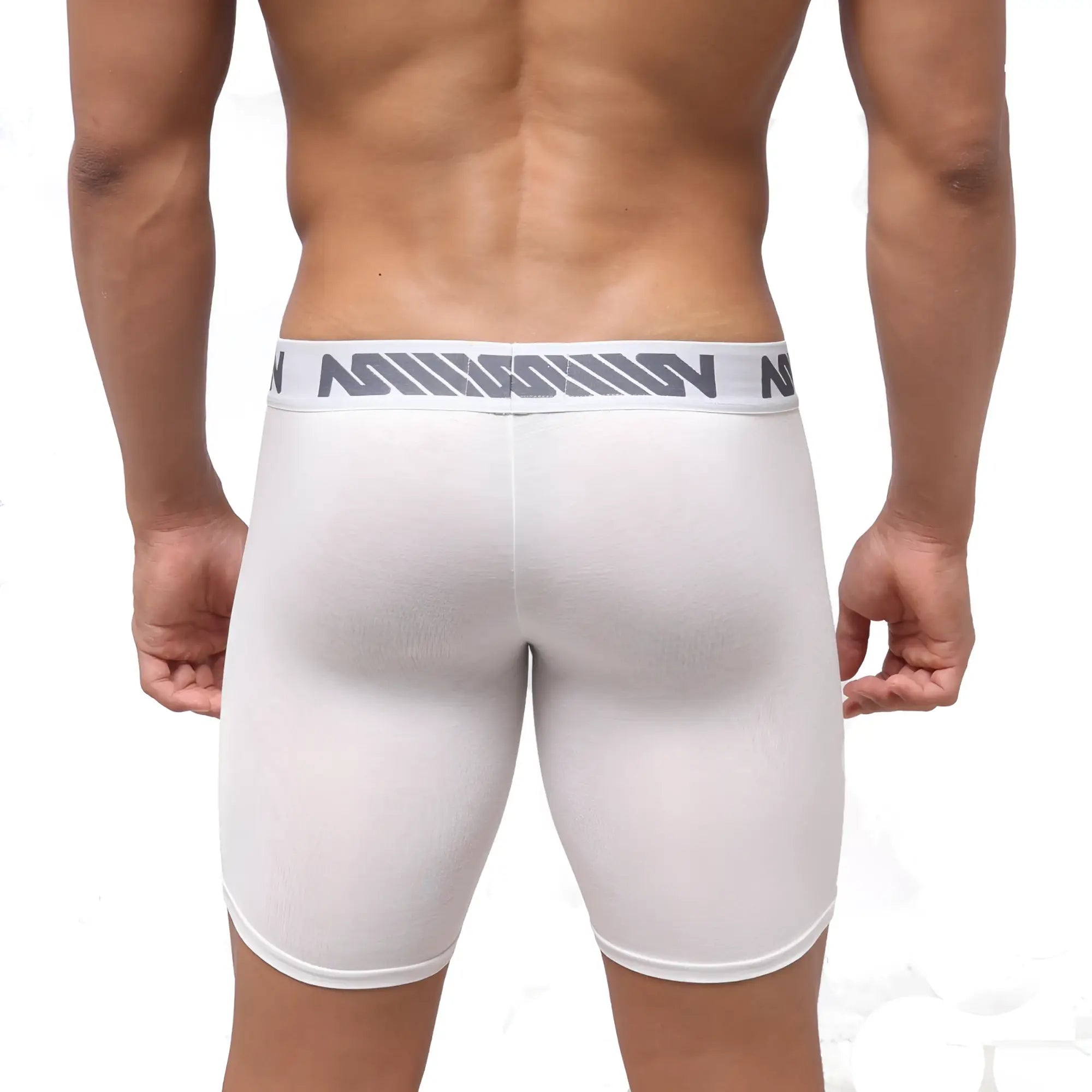 White mission brand men’s compression shorts with gray logo waistband metro male wear bosillo bold long boxer white 3515-00