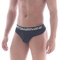 Black metroMalewear briefs with white aeromalewear logo on waistband featuring bold design for comfortable wear