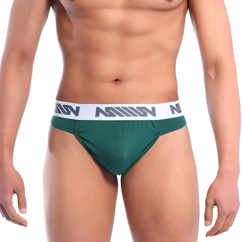 Dark green bosillo bold thong with white elastic waistband and gray logo pattern by metromalewear pine green 3512-07