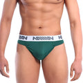 Dark green bosillo bold thong with white elastic waistband and gray logo pattern by metromalewear pine green 3512-07