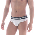 White men’s briefs with black elastic waistband featuring the aetromalewear logo from metromalewear bosillo bold thong series