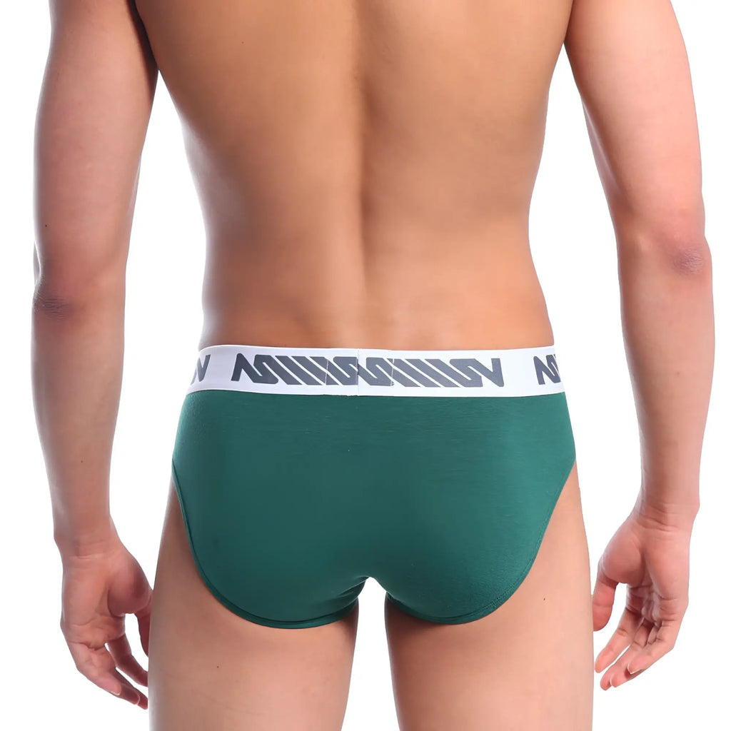 MetroMaleWear bosillo brief in pine green with white elastic waistband and gray geometric logo pattern