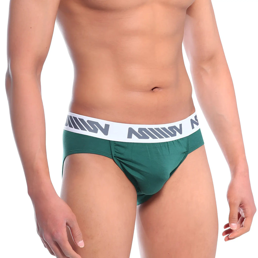 Metro malewear bosillo brief pine green men’s briefs with white elastic waistband and gray logo pattern