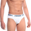 White men’s briefs with gray miiw logo waistband metro male wear bosillo brief 3506-00 front view