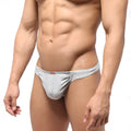 Gray heathered metroMalewear bosillo half back bikini briefs with snug form fitting design shown from the back