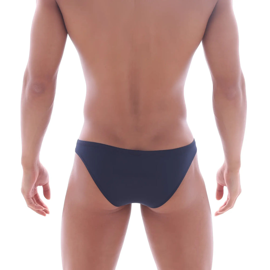 Navy blue metrohalfwear bosillo half back bikini briefs with smooth form-fitting design shown from the back side