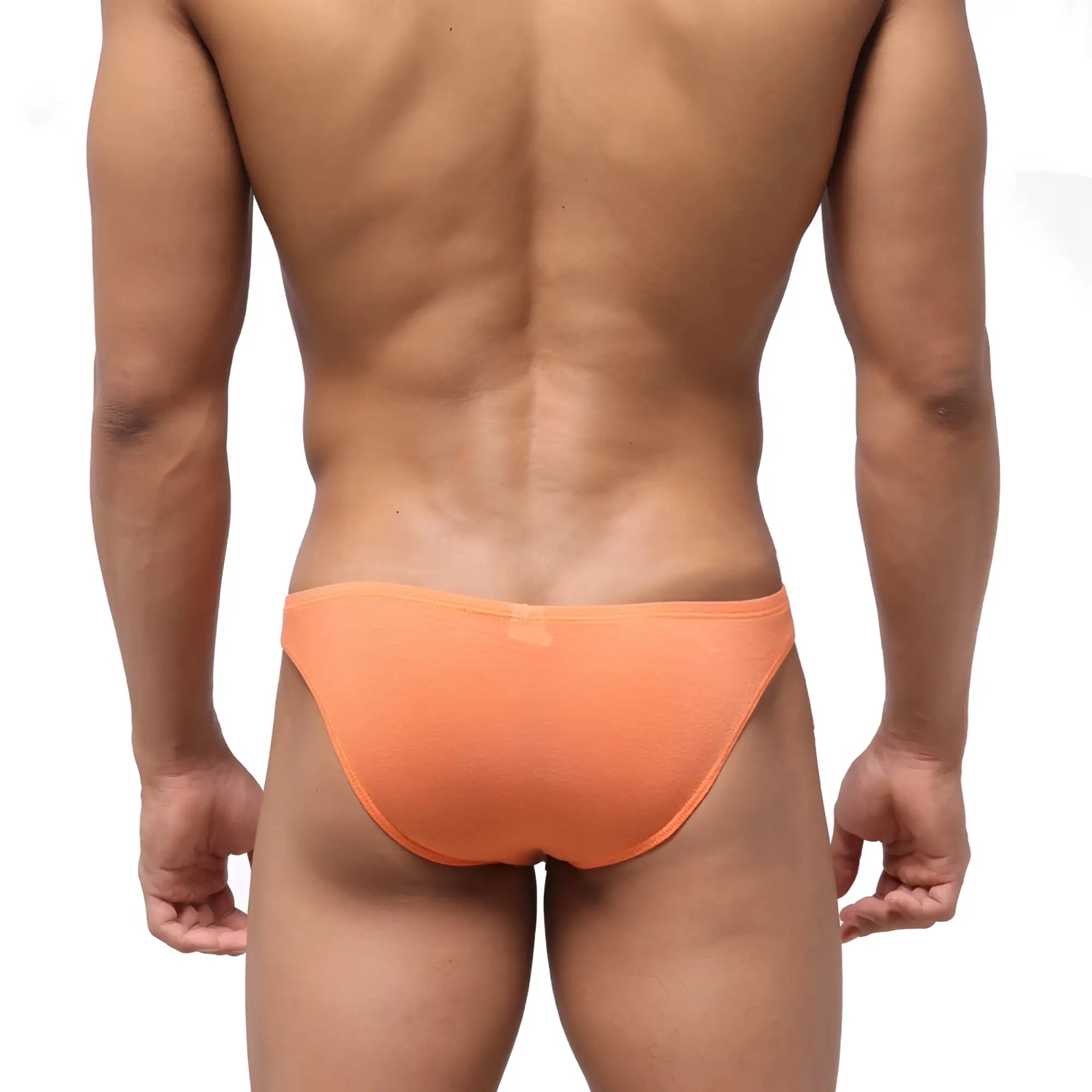 Orange textured briefs showing the back side of metromalewear bosillo half back bikini peach 3504-02