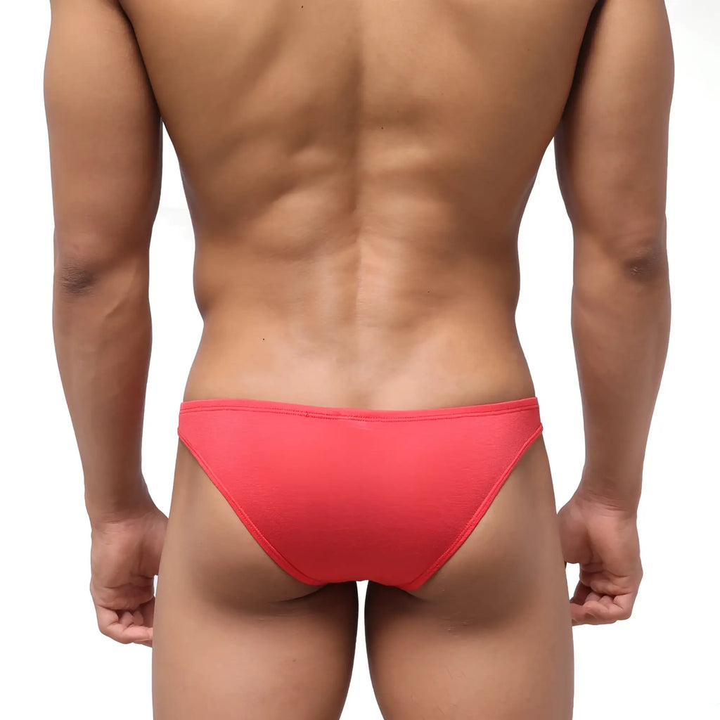 Bright coral-red form-fitting seamless briefs with textured fabric metro malewear bosillo half back bikini red 3504-12 back side