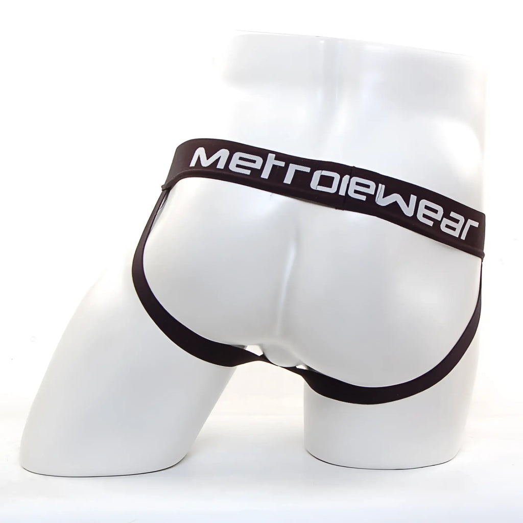Black metrowear briefs with sleek form-fitting design and white waistband lettering metro malewear bosillo jock strap navy