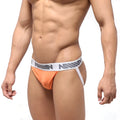 Orange athletic briefs with white waistband featuring mus logo gray lettering from metromalewear bosillo jock strap peach