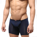Navy blue sheer mesh briefs with subtle textured pattern and red brand tag at waistband metroMalewear bosillo long boxer