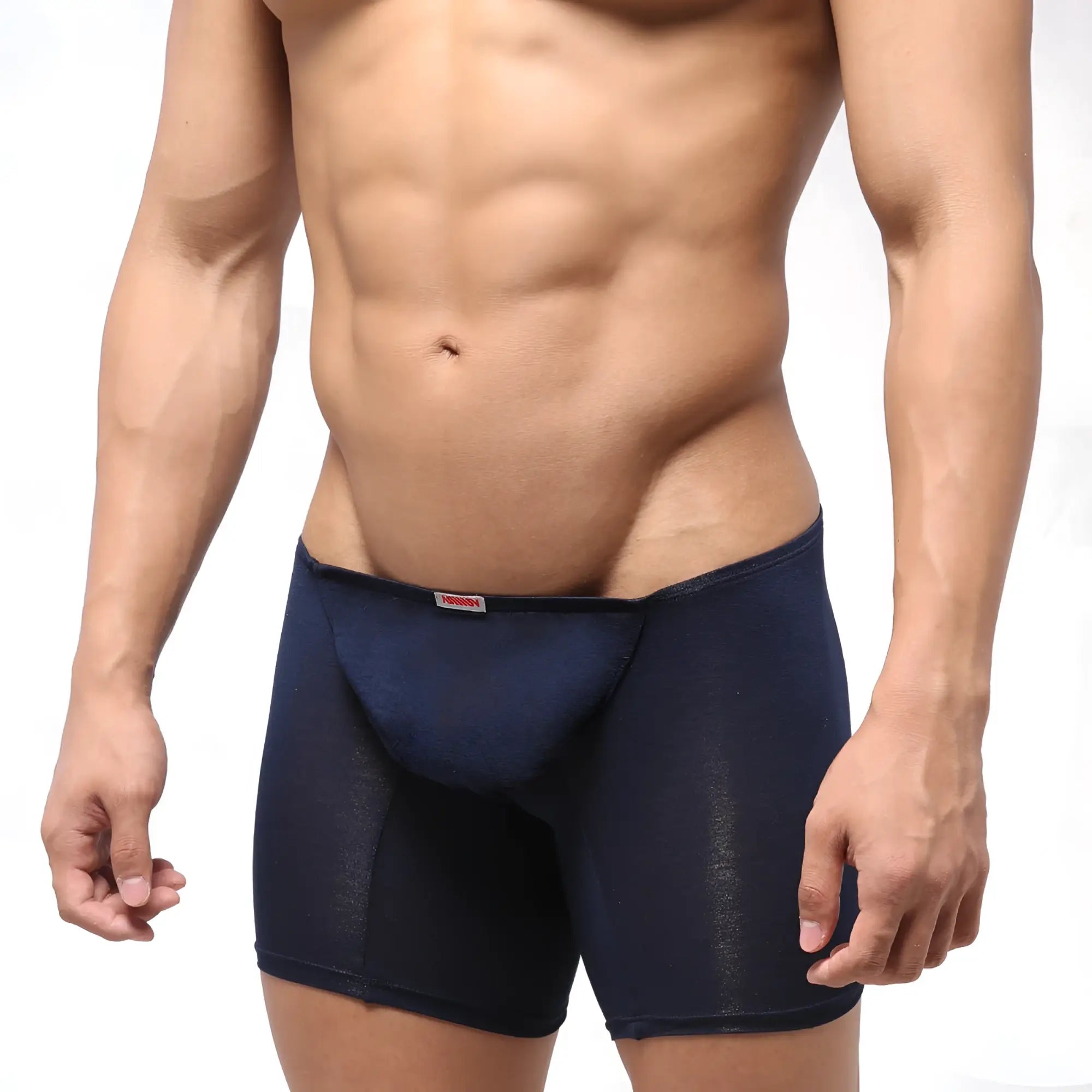 Navy blue sheer mesh briefs with subtle textured pattern and red brand tag at waistband metroMalewear bosillo long boxer