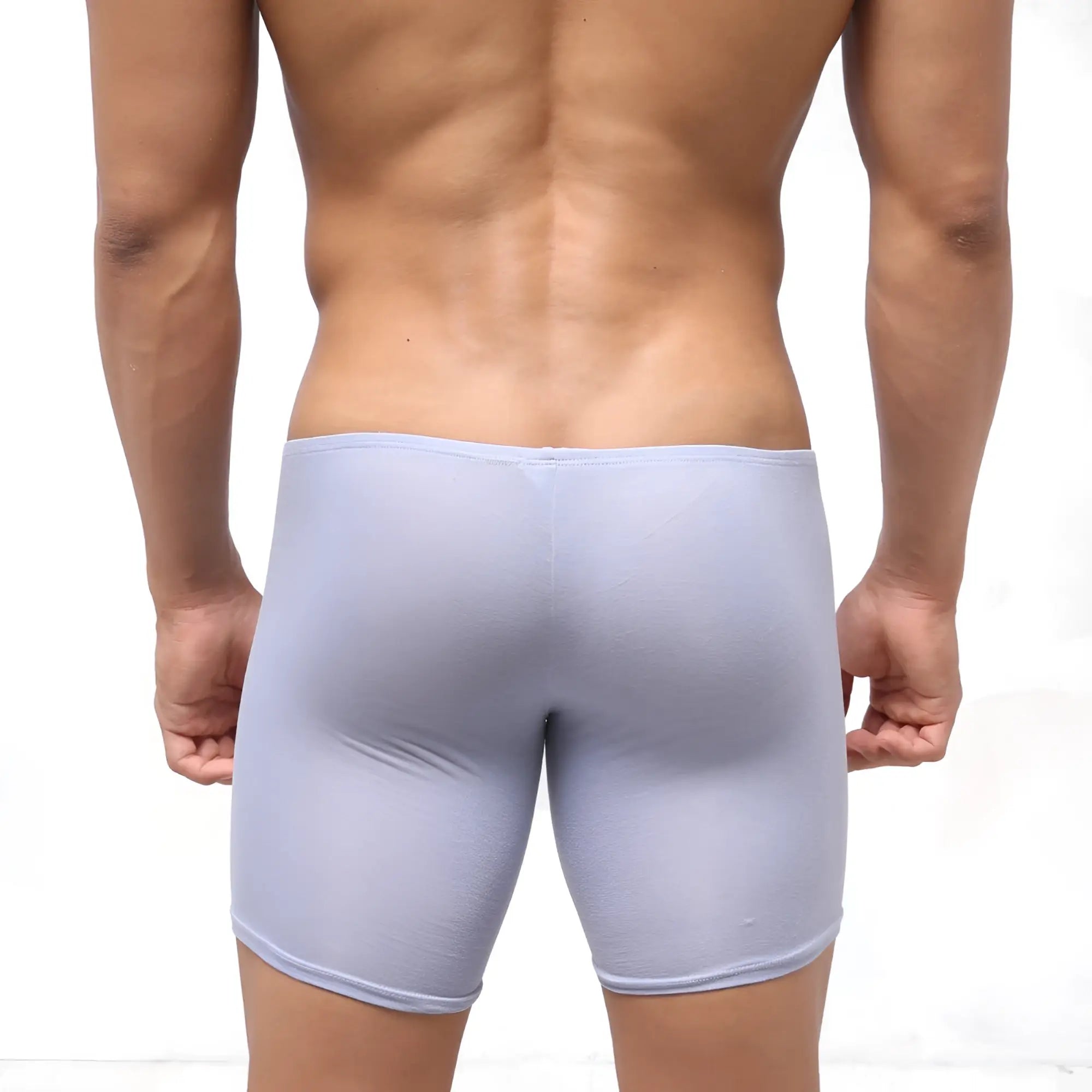 Light blue form-fitting men’s boxer briefs with smooth stretchy fabric and elastic waistband metro male wear lavender