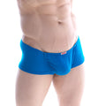 Bright blue form-fitting metroMaleWear Bosillo short boxer briefs with a red and white waistband brand tag