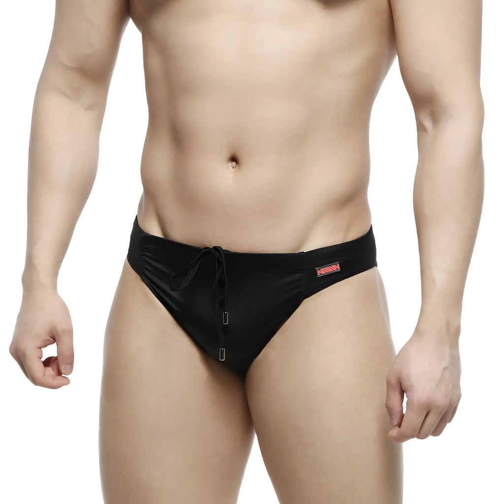 MetroMaleWear Bosillo swim bikini black satin swim trunks with drawstring waistband and silver metal clasps