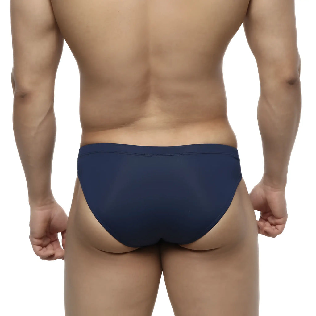 Navy blue smooth form-fitting briefs metroMaleWear bosillo swim bikini designed for comfortable swim use