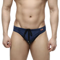 Metro male wear bosillo navy swim bikini with black drawstring and zipper detail in navy blue swim trunks front view