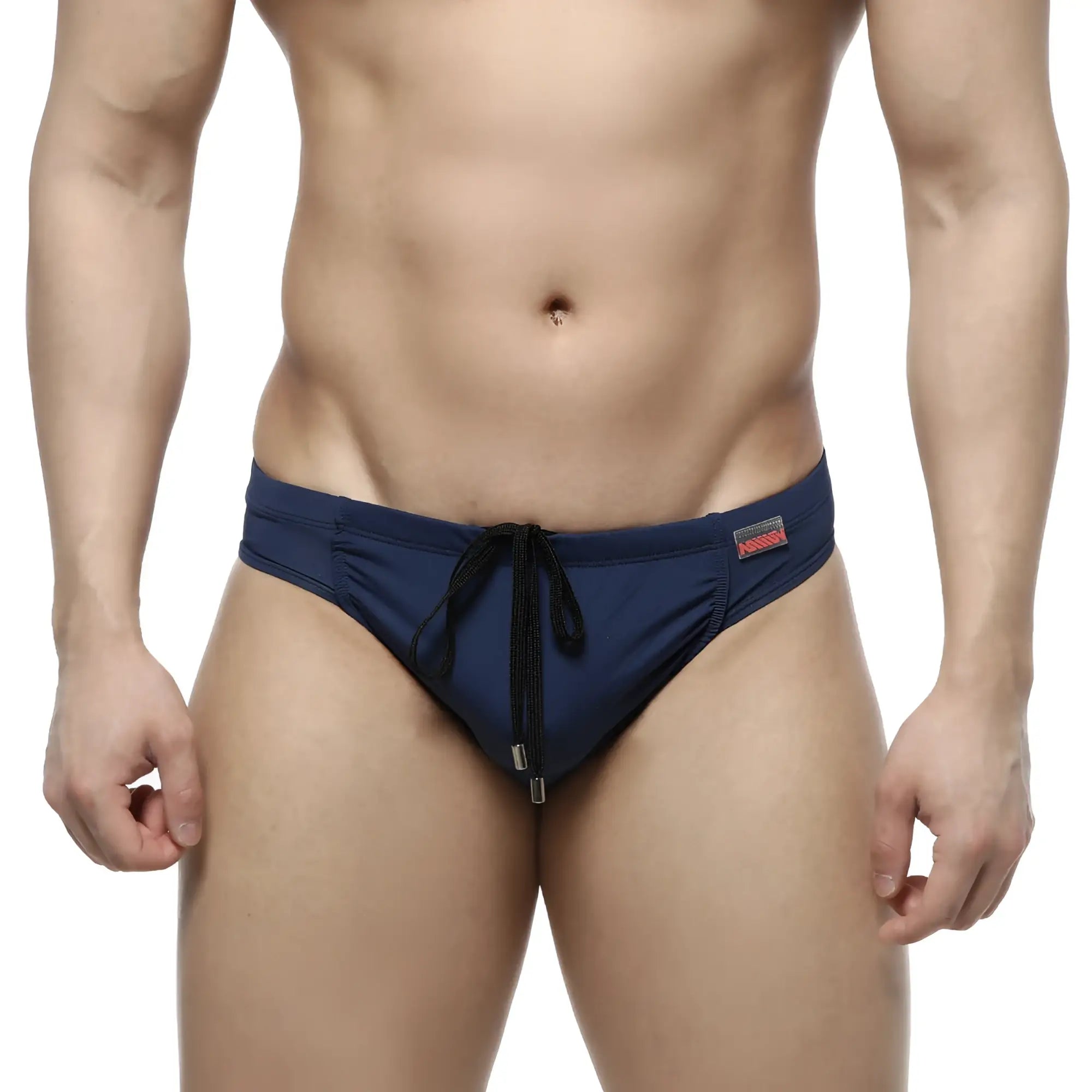 Metro male wear bosillo navy swim bikini with black drawstring and zipper detail in navy blue swim trunks front view