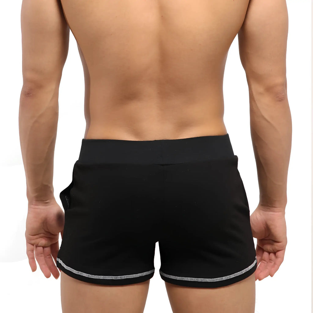 MetroMaleWear Boston athletic shorts black with snug elastic waistband and contrasting silver trim along the hem