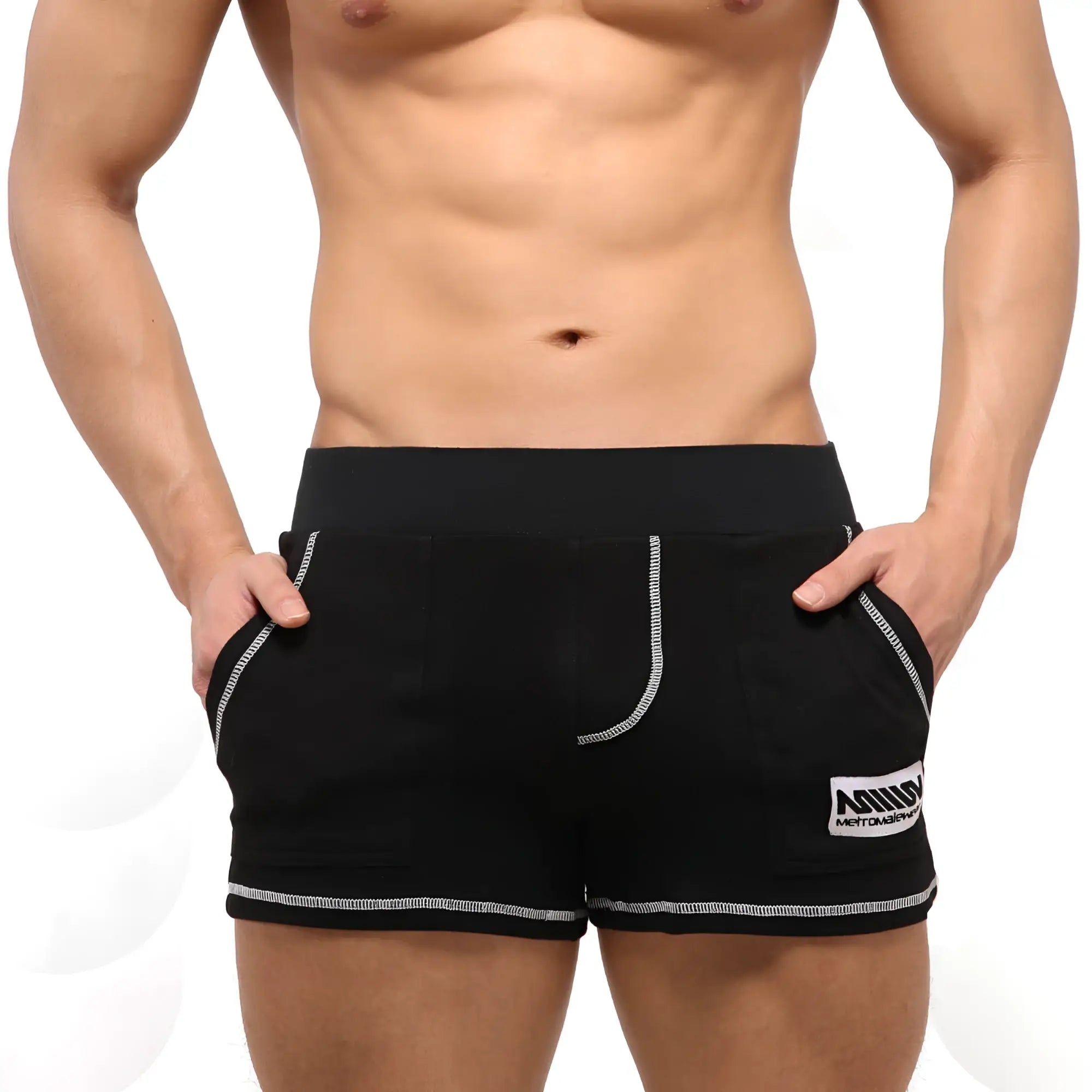 MetroMaleWear Boston athletic short black with white stitched trim and mind mettomar logo patch on the right leg