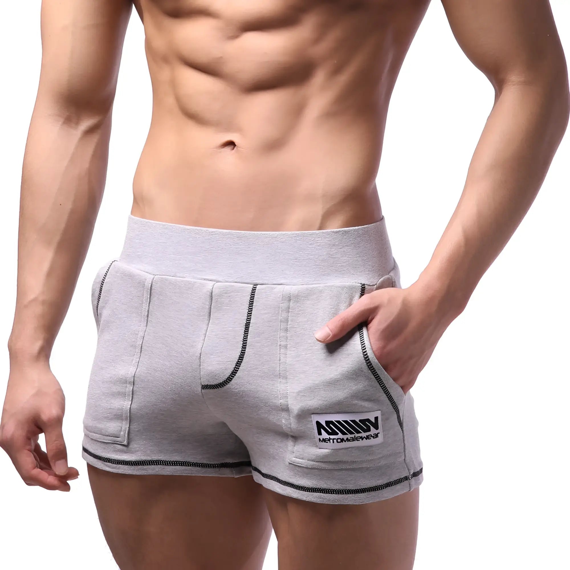 Grey heathered MetroMaleWear Boston athletic shorts with black contrast stitching and branded front pocket patch