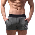 Gray MetroMaleWear Boston athletic shorts with black elastic waistband and white logo patch on lower right leg
