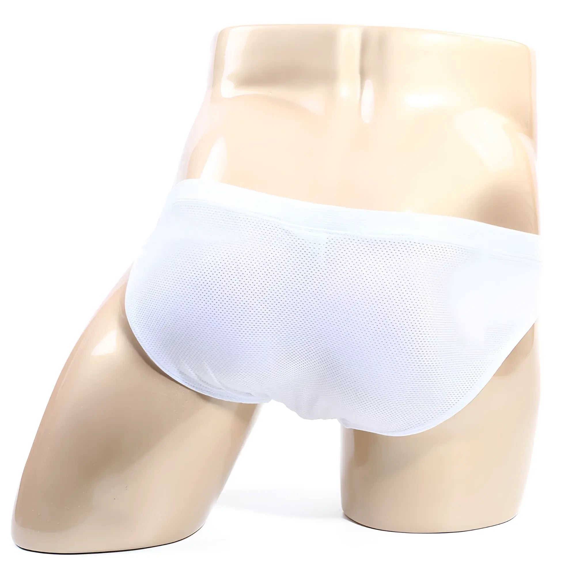 White mesh briefs metroMalewear bravo bikini 7103-00 displayed on a mannequin front side view