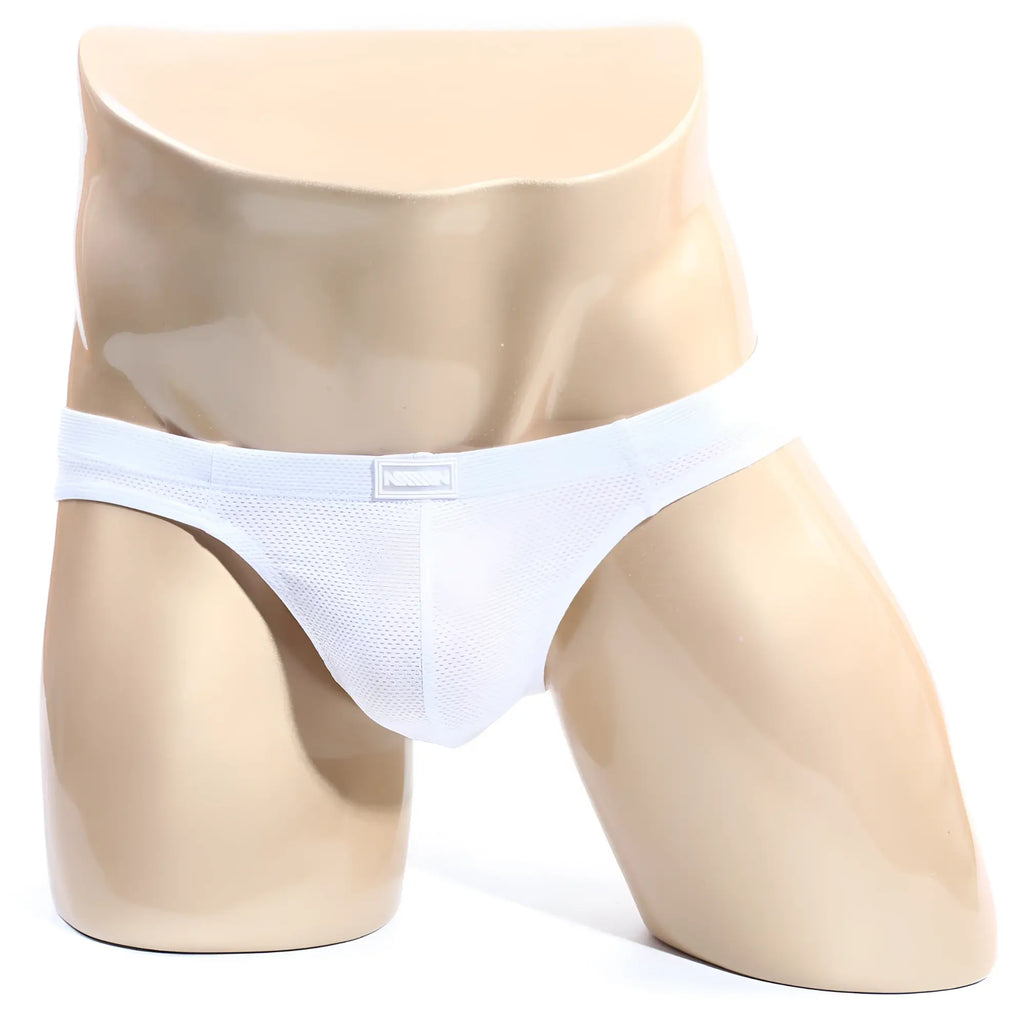 White mesh briefs metro malewear bravo bikini 7103-00 with subtle elastic waistband and small rectangular brand tag