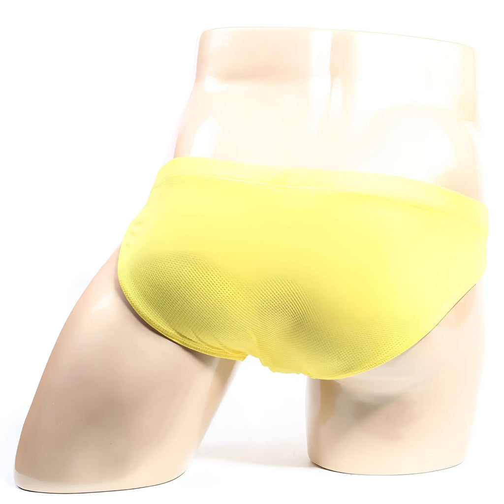 Bright yellow briefs by metromalewear bravo bikini 7103-15 displayed on a mannequin showing front side