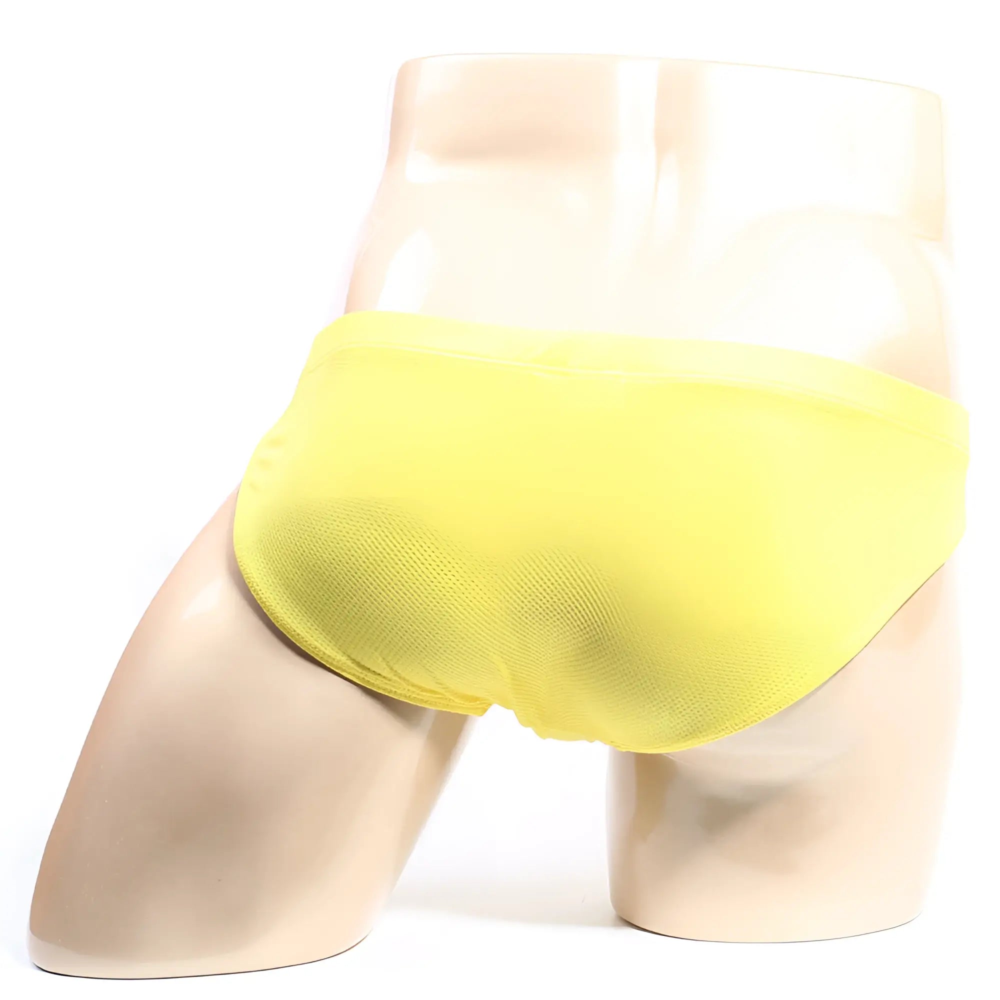Bright yellow briefs by metromalewear bravo bikini 7103-15 displayed on a mannequin showing front side