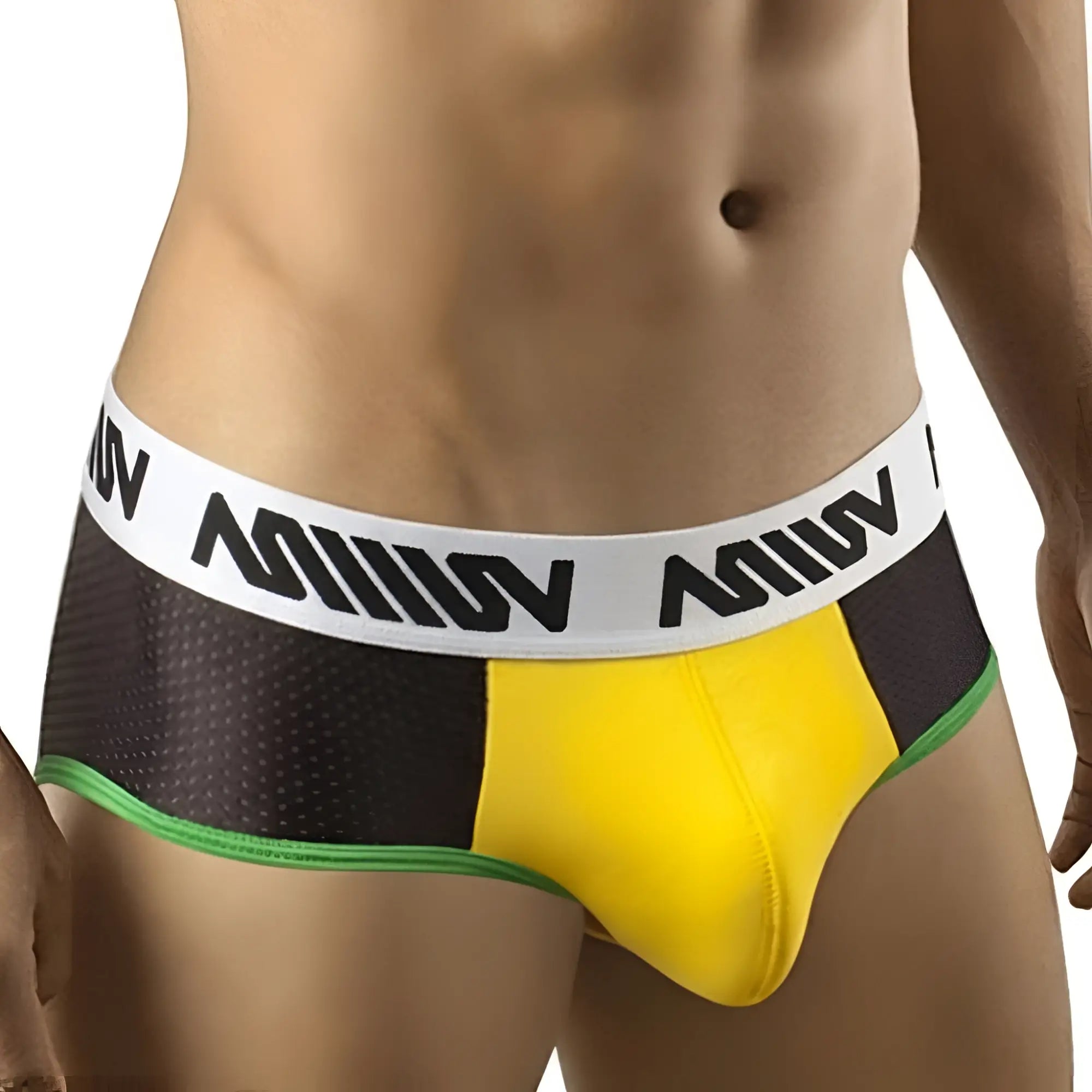 Black and yellow MetroMaleWear Brazil hip brief 5003-41 with white waistband bold lettering and green trim accents