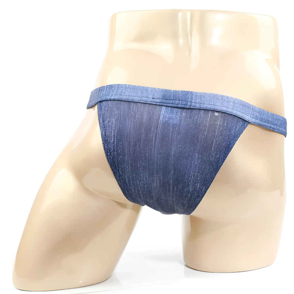 Blue denim-style MetroMaleWear Brazilian bikini briefs with a textured slightly faded finish front view