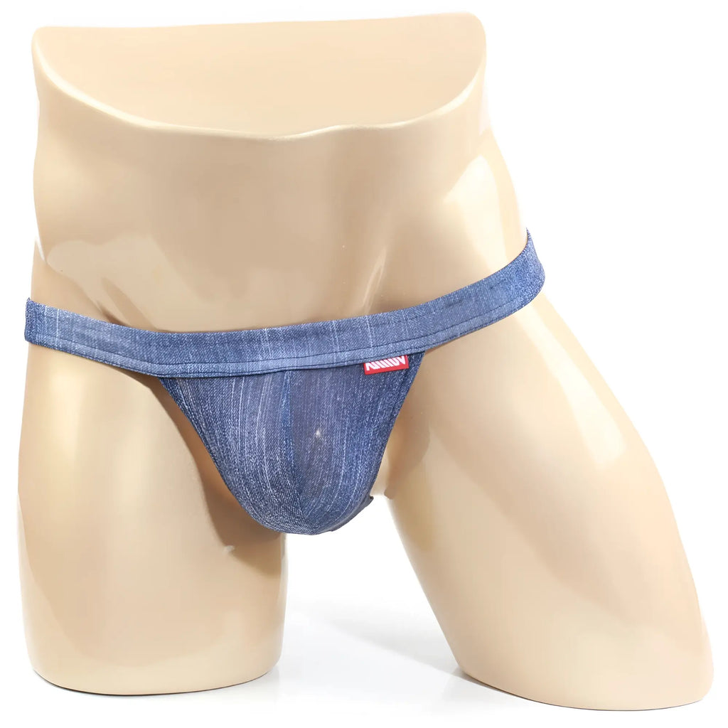 Blue denim thong with red brand tag on waistband metro malewear brazilian bikini denim 1124-62