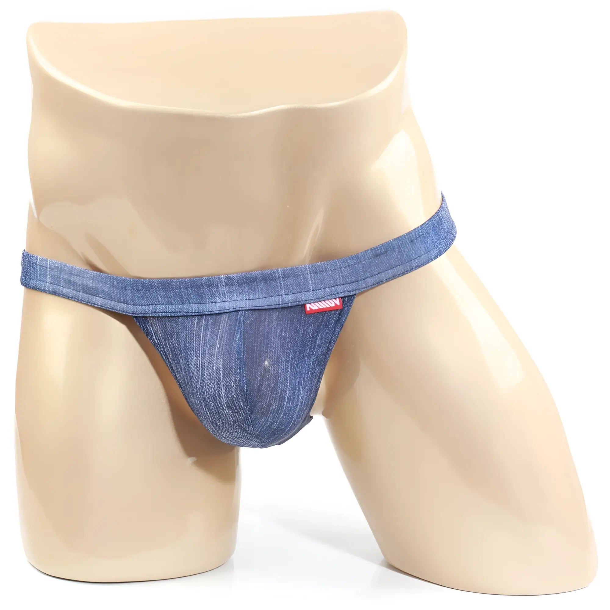 Blue denim thong with red brand tag on waistband metro malewear brazilian bikini denim 1124-62