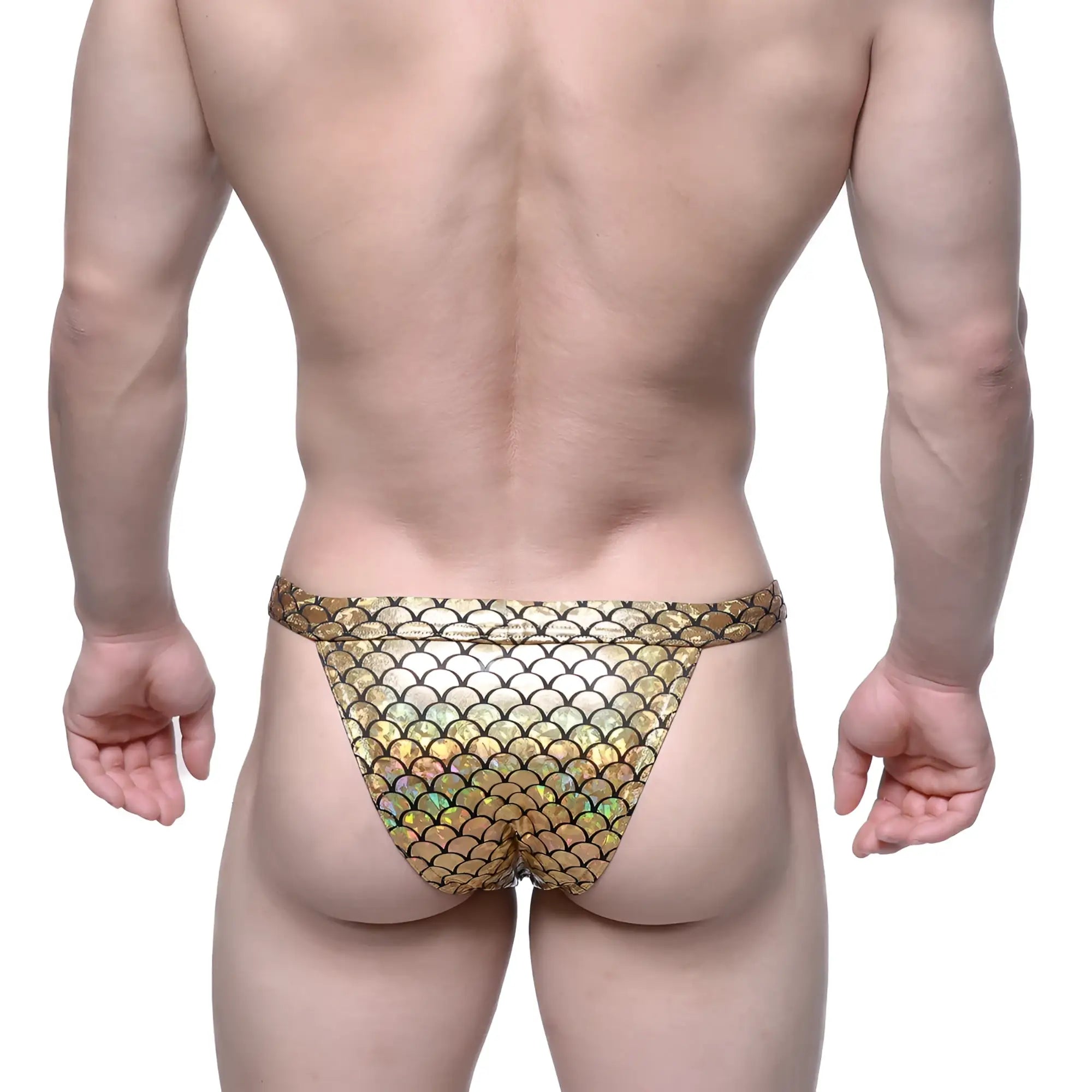 MetroMaleWear Brazilian bikini gold thong with gold holographic fish scale pattern for stylish swimwear looks