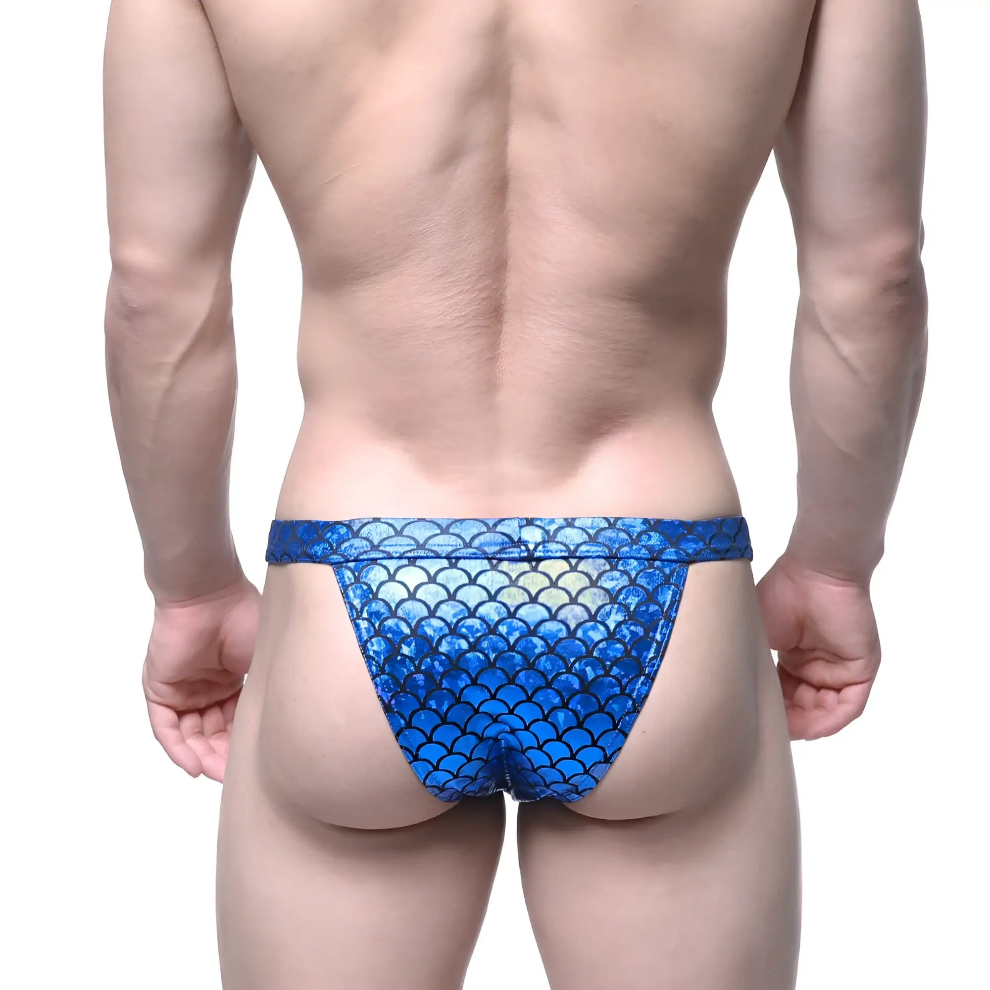 MetroMalewear royal blue Brazilian bikini swim briefs with blue mermaid scale pattern for stylish beachwear