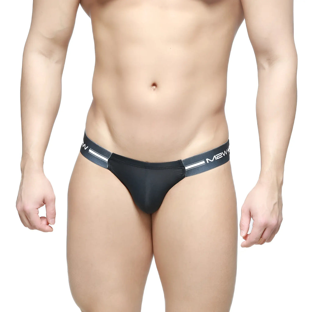 MetroMaleWear Brief 2.0 black thong with sleek form-fitting design and white logo stripes on waistband
