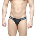 MetroMaleWear Brief 2.0 black thong with sleek form-fitting design and white logo stripes on waistband