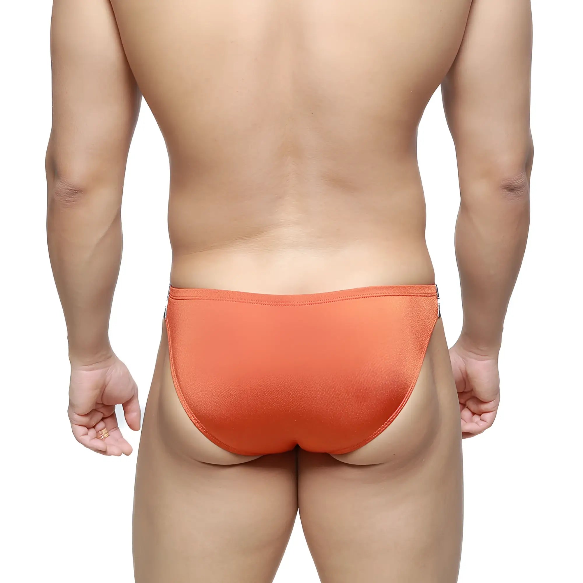 Orange satin briefs metroMalewear brief 2.0 ochre 3603-52 front view with smooth fabric and sleek design