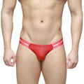 Red mens briefs metroMalewear brief 2.0 with pink waistband white mew branding and stripes in cotton blend fabric