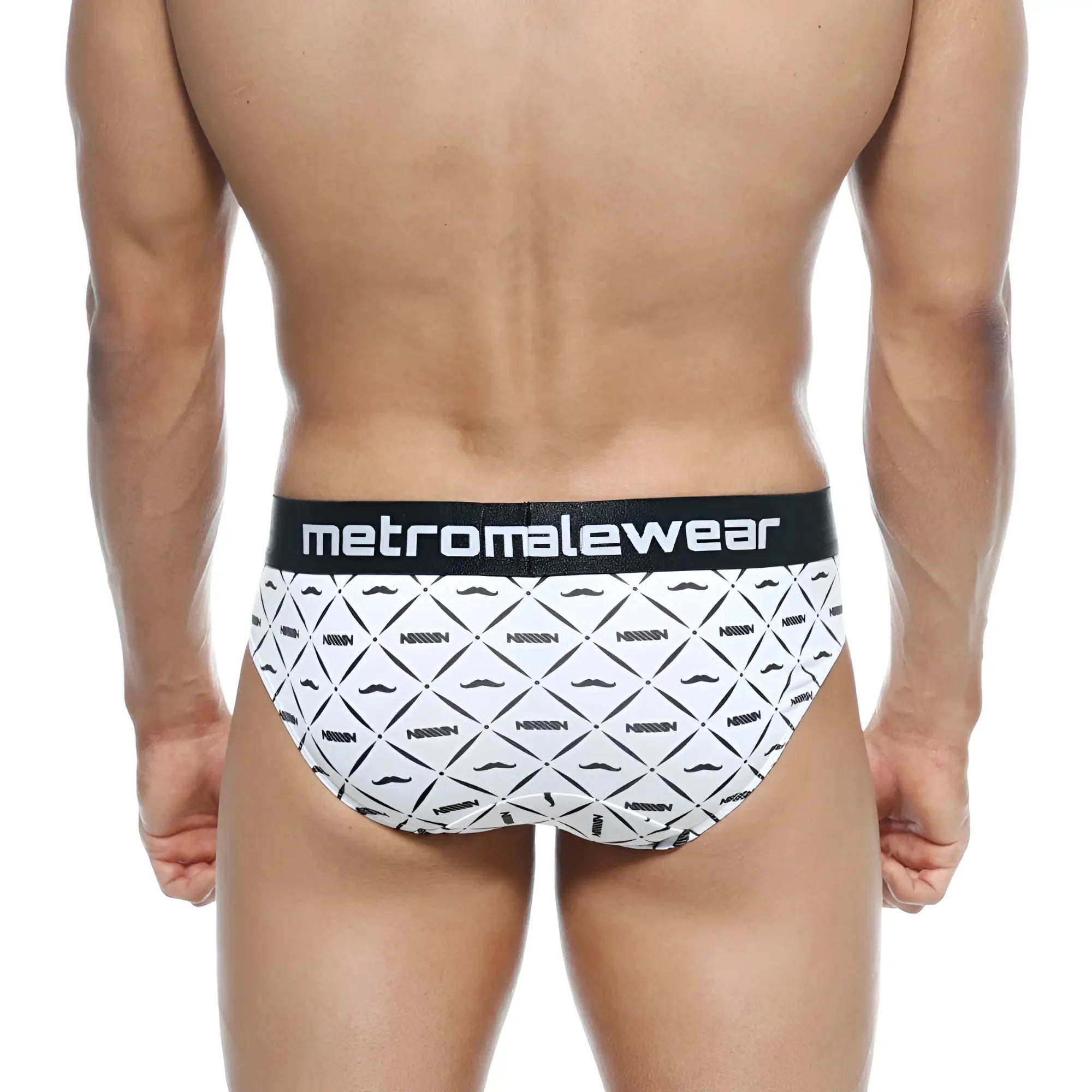 MetroMaleWear brief caballero 5006-03 white with black mustache pattern and black waistband with MetroMaleWear logo