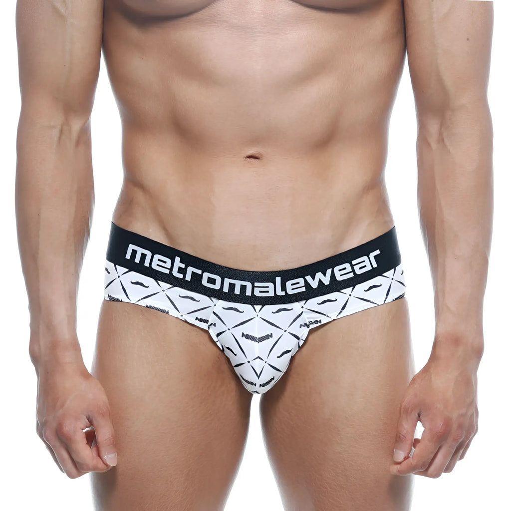 White briefs with black geometric mustache pattern and metromalewear branded waistband metro malewear brief caballero 5006-03