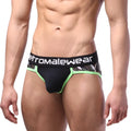 Black and neon green camouflage briefs with branded waistband from MetroMaleWear bright brief green 6106-38 collection