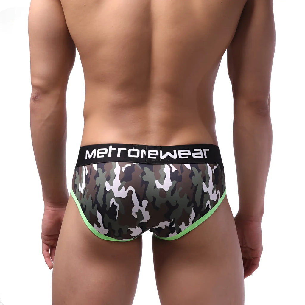 Camouflage patterned men’s briefs with black metronewear waistband and neon green trim metro malewear bright brief green 6106 38