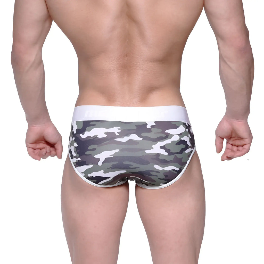 Gray and white camouflage patterned briefs with solid white waistband from metromalewear bright brief green camo 6106-39